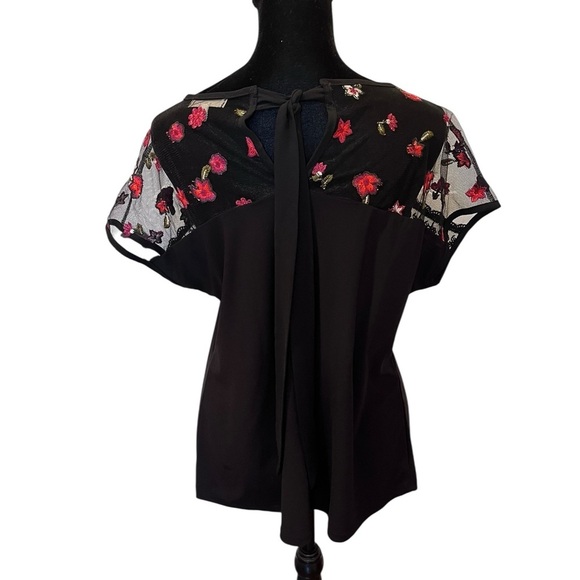 Y2K Faith & Joy Black Mesh Floral Sleeve Top Blouse whimsical goth feminine 90s - Picture 2 of 8